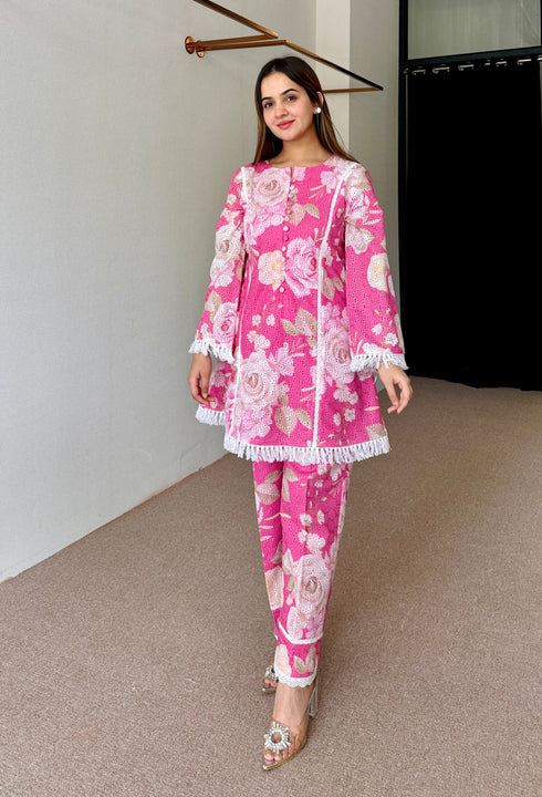 Pink Floral Schiffi Festive Kurta Set